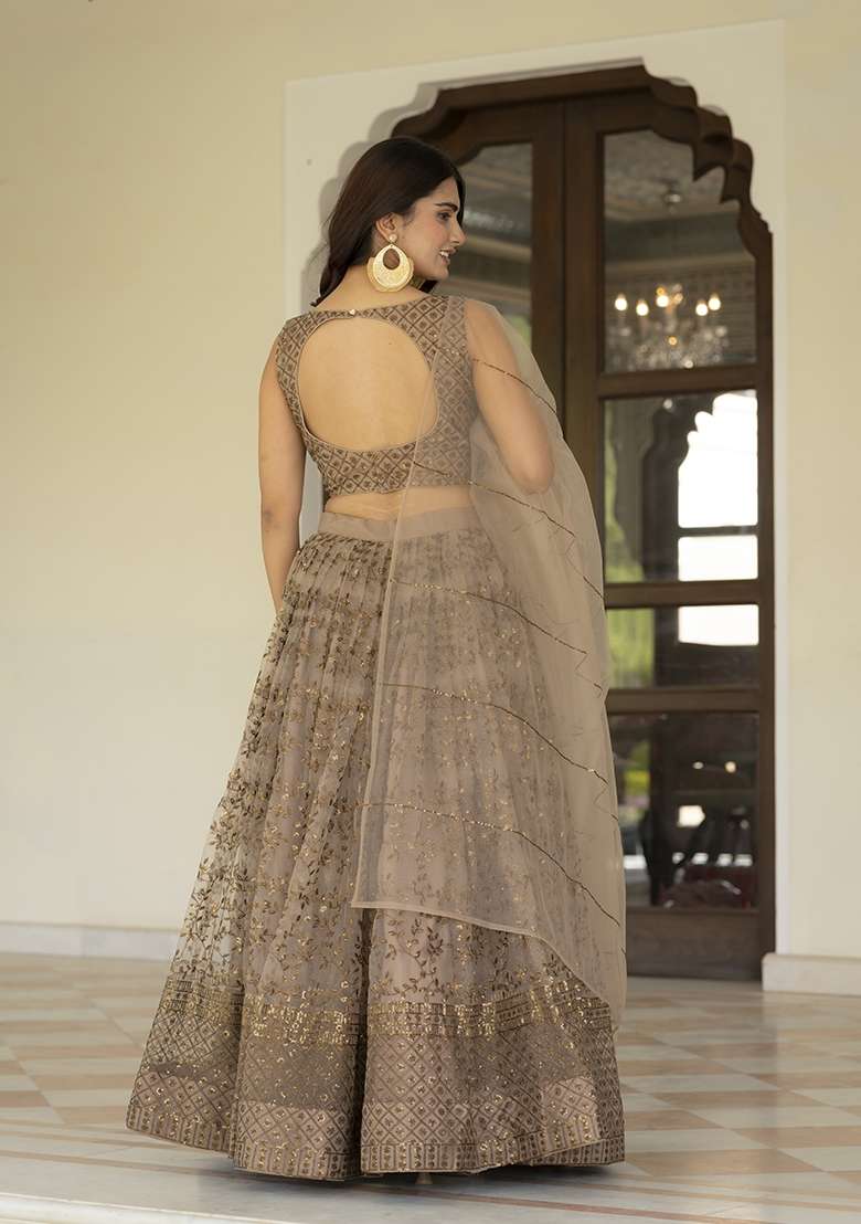 Coffee Embroidered Net Lehenga Set for Diwali and Festive Wear - Indya