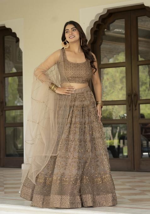 Coffee Embroidered Net Lehenga Set