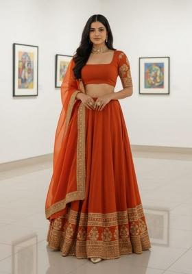 Orange Embroidered Georgette Lehenga Set