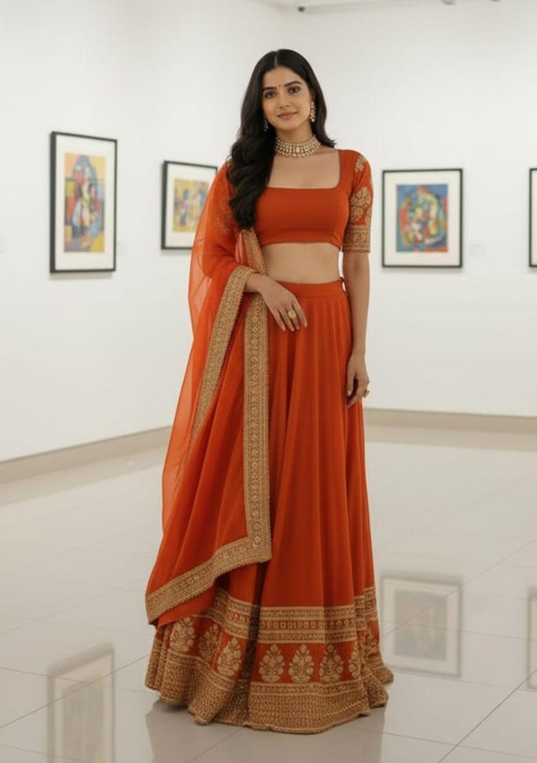 Orange Embroidered Georgette Lehenga Set - Indya