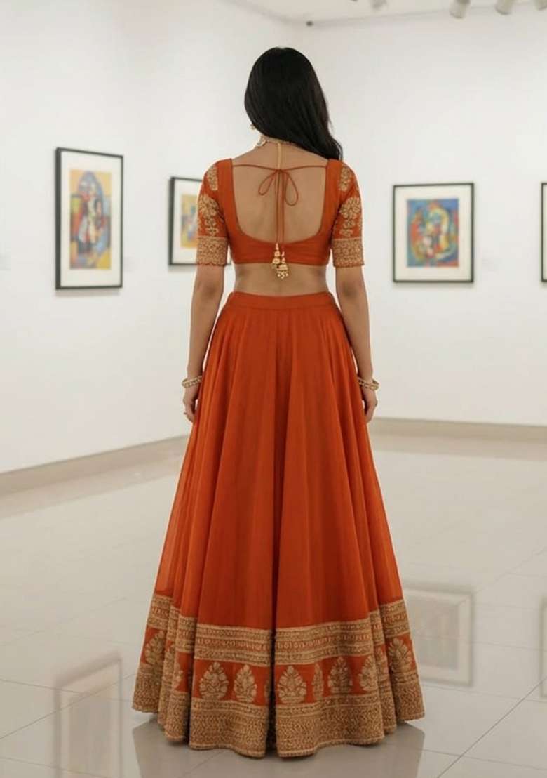 Orange Georgette Lehenga Set with Embroidered for Diwali | Wedding & Festive Wear - Indya