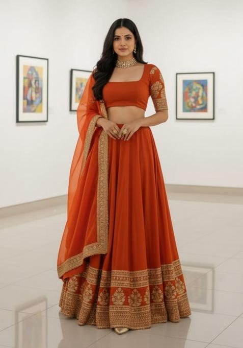 Orange Embroidered Georgette Lehenga Set