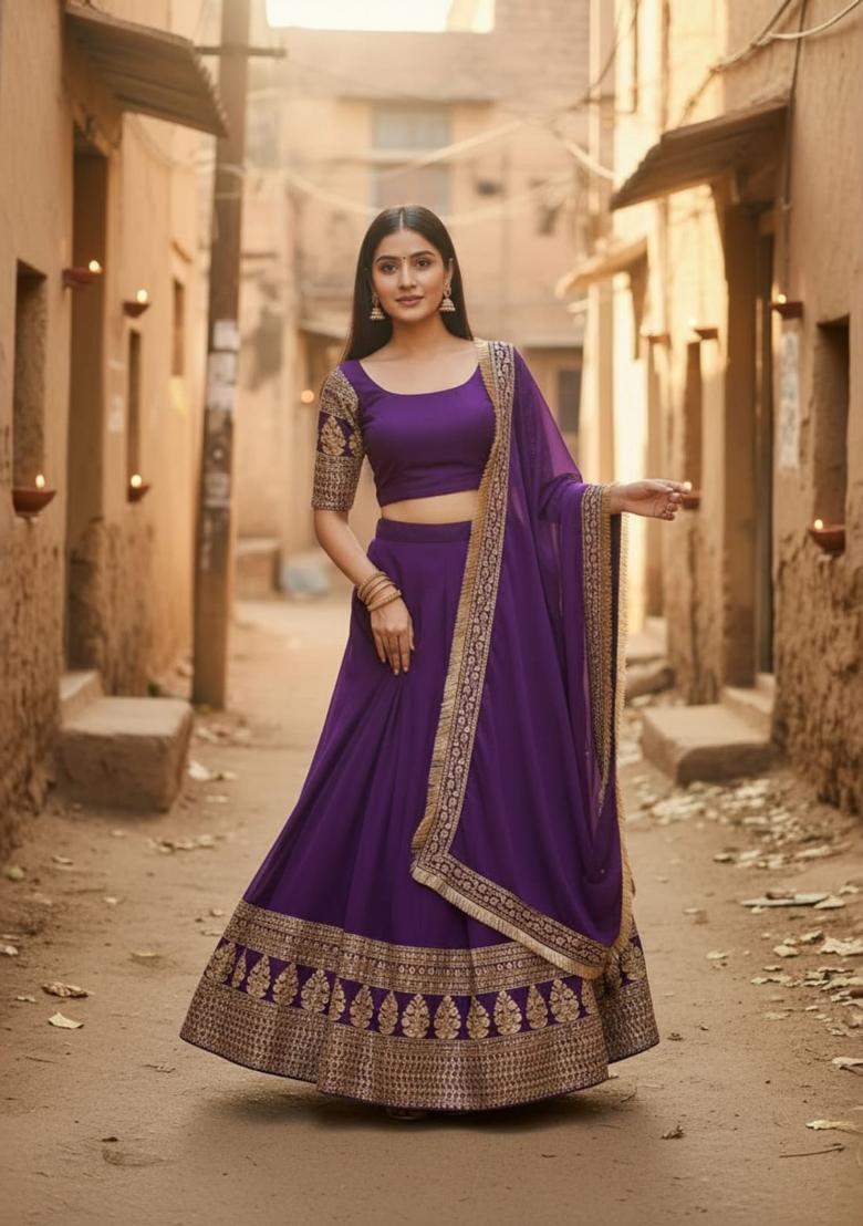 Purple Embroidered Georgette Lehenga Set - Indya