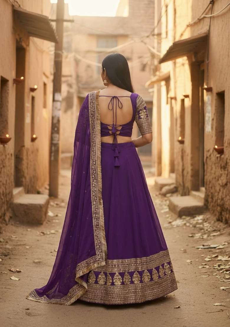 Purple Georgette Lehenga Set with Embroidered for Diwali | Wedding & Festive Wear - Indya