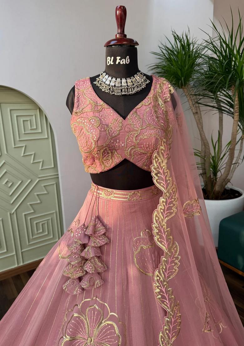 Peach Embroidered Lehenga Set - Indya