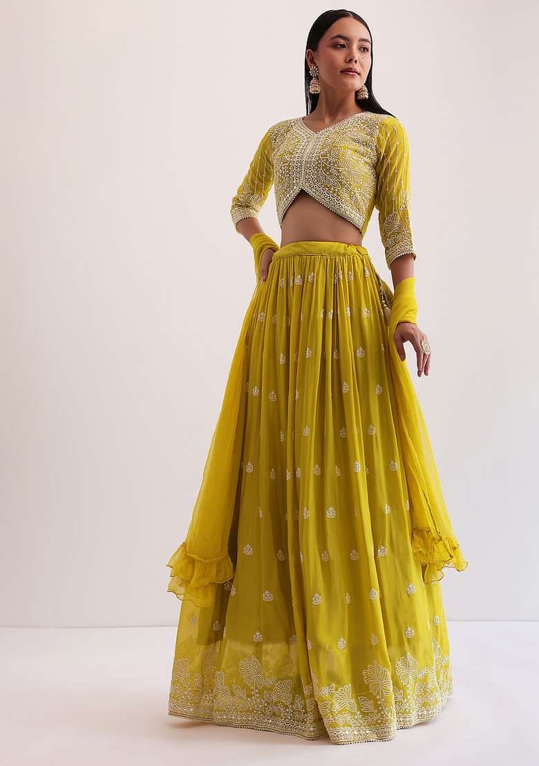 Yellow Embroidered Georgette Lehenga Set for Diwali and Festive Wear - Indya