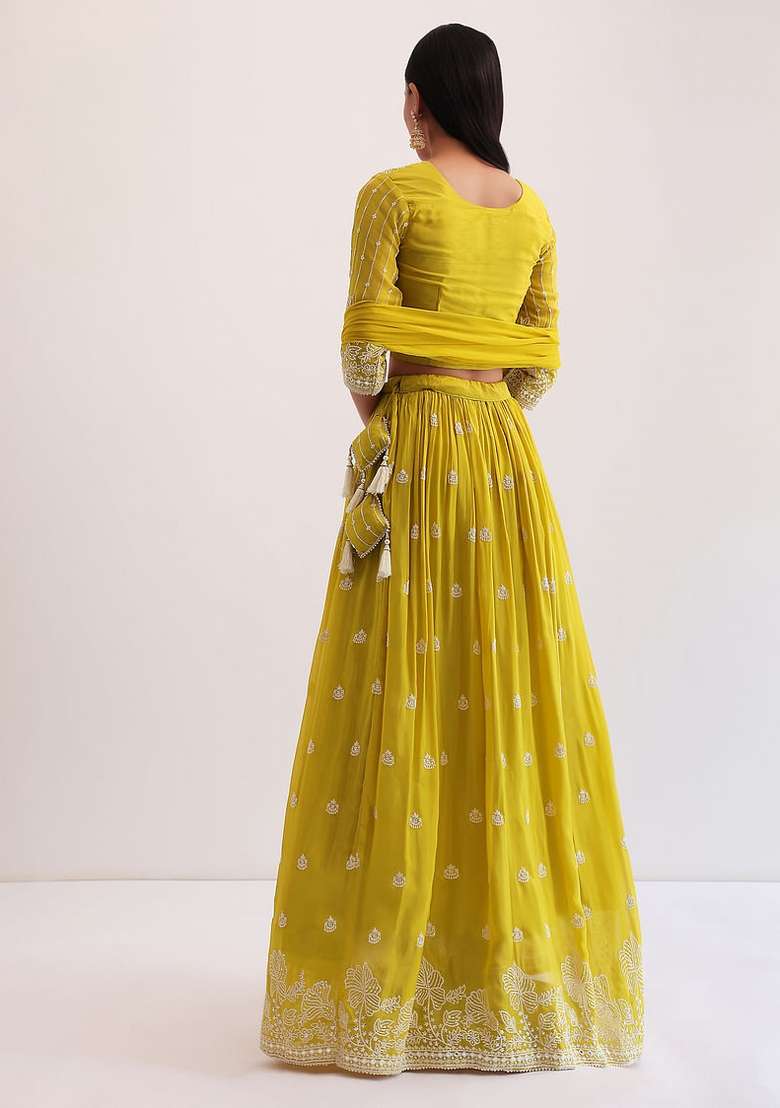 Yellow Embroidered Georgette Lehenga Set for Diwali and Festive Wear - Indya