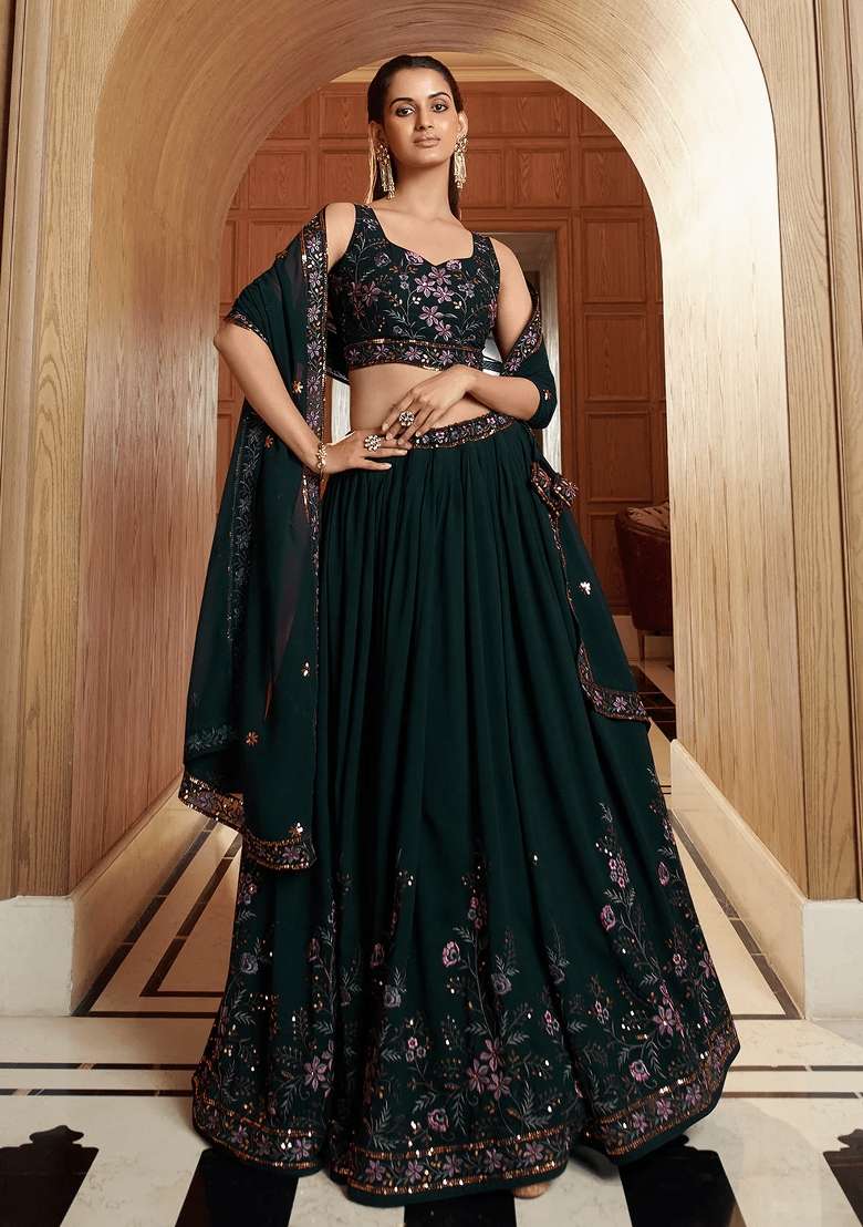 Black Embroidered Georgette Lehenga Set for Diwali and Festive Wear - Indya