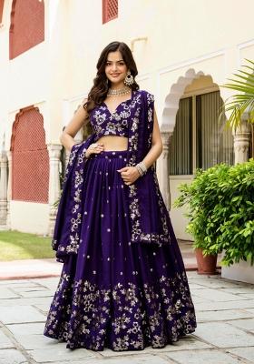 Purple Embroidered Vichitra Lehenga Set