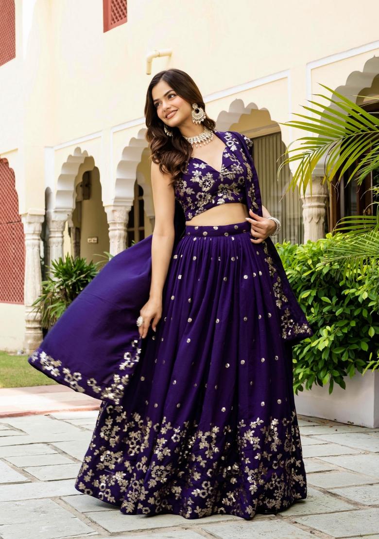 Purple Embroidered Vichitra Lehenga Set - Indya