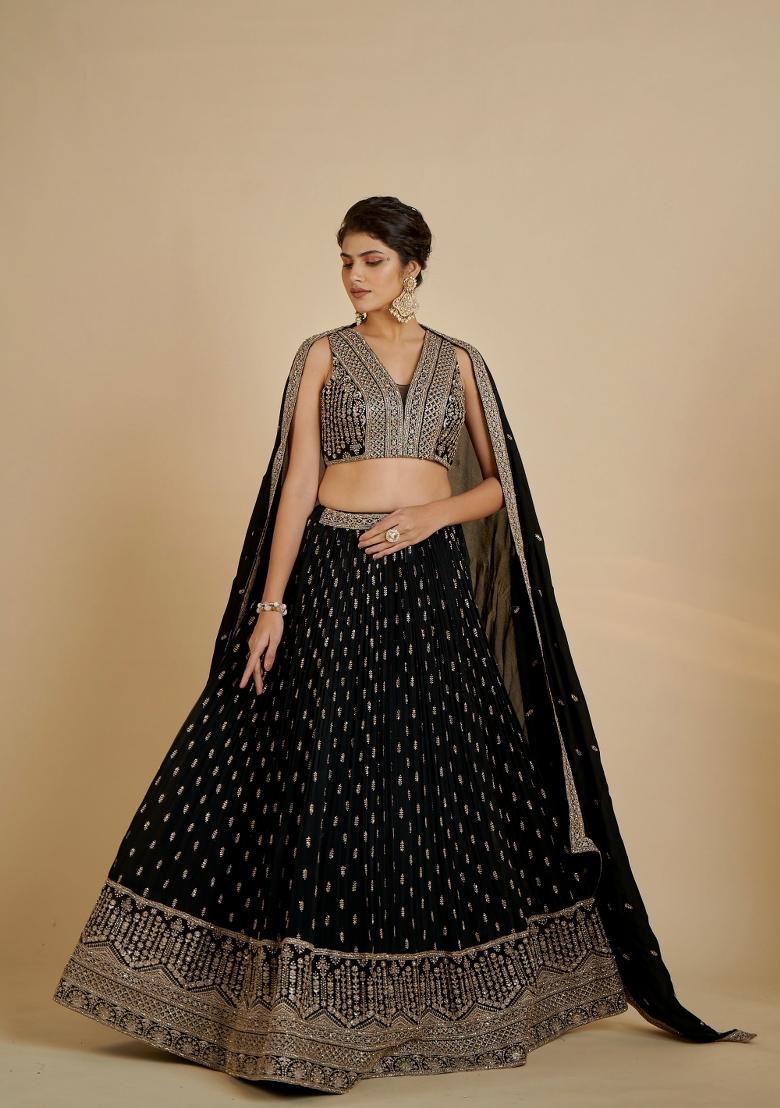 Black Embroidered Georgette Lehenga Set - Indya