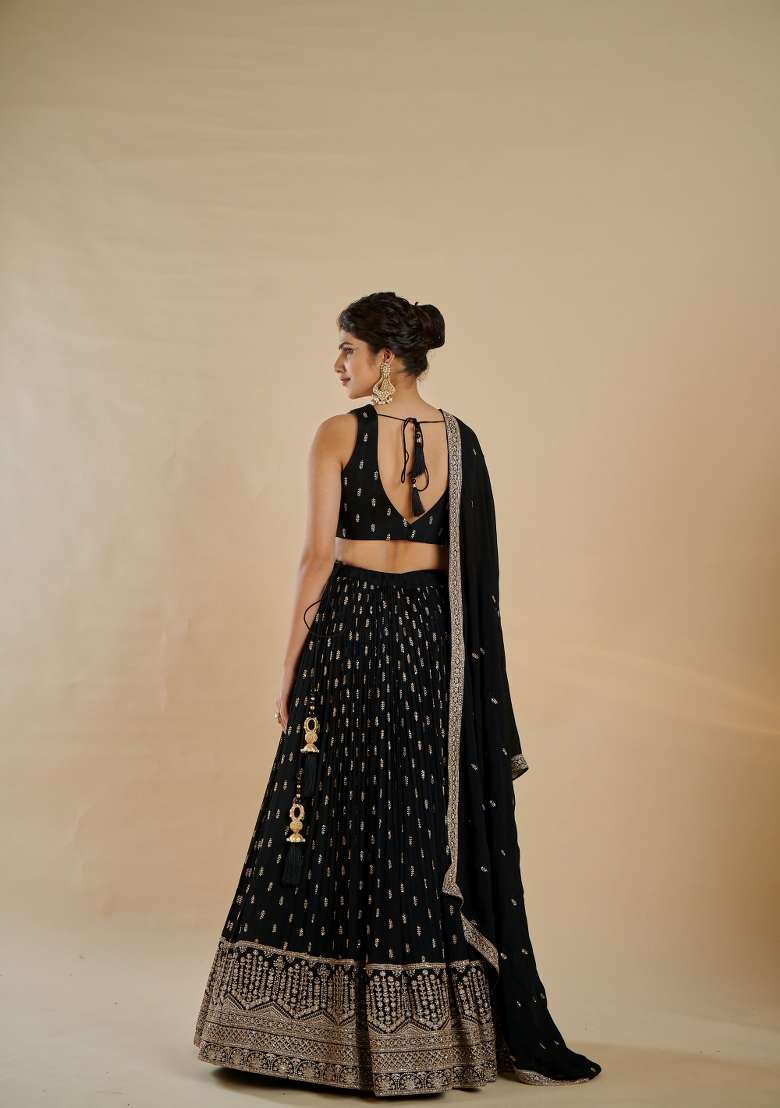 Black Embroidered Georgette Lehenga Set for Diwali and Festive Wear - Indya