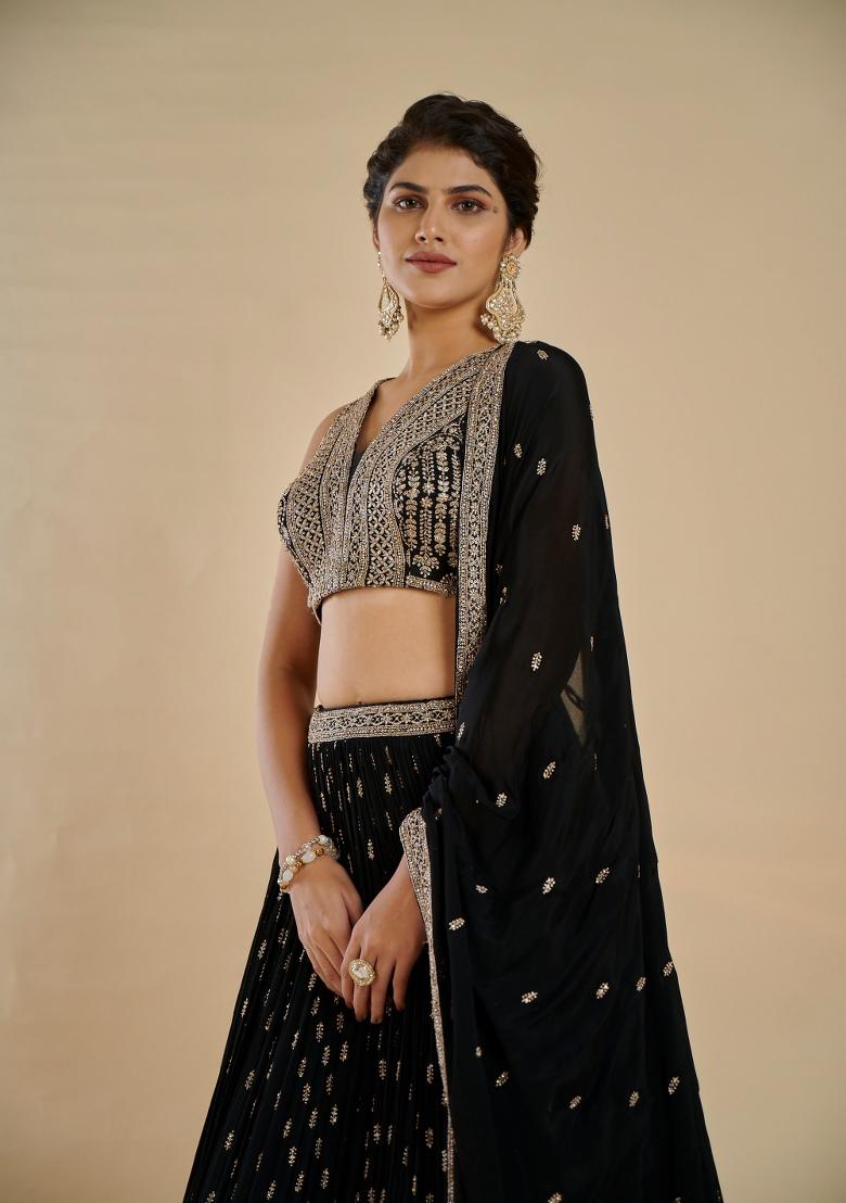 Black Embroidered Georgette Lehenga Set - Indya