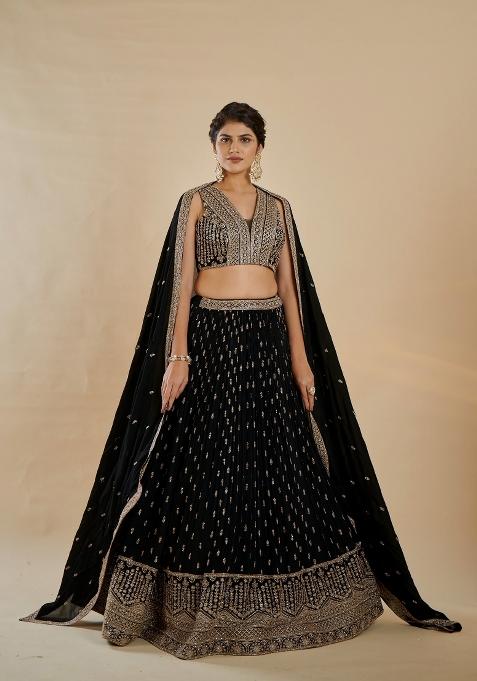 Black Embroidered Georgette Lehenga Set