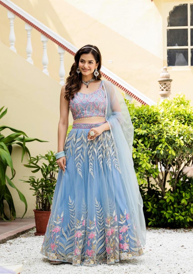 Sky Blue Embroidered Net Lehenga Set - Indya