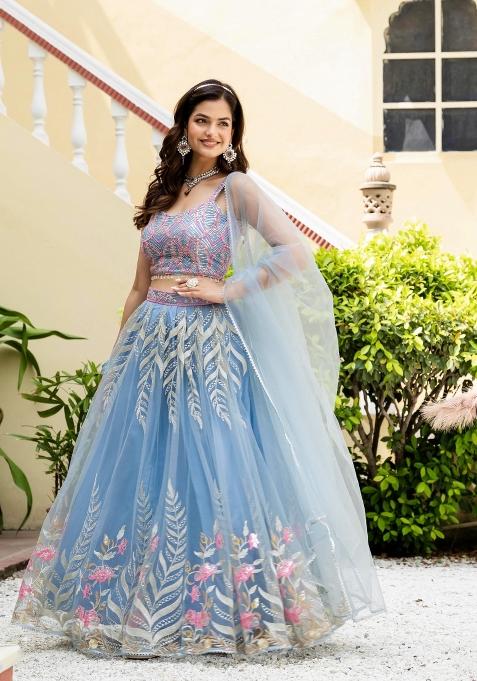 Sky Blue Embroidered Net Lehenga Set
