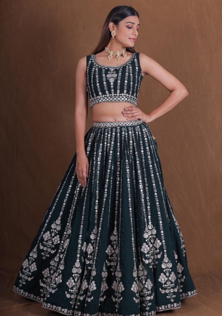 Green Embroidered Georgette Lehenga Set - Indya