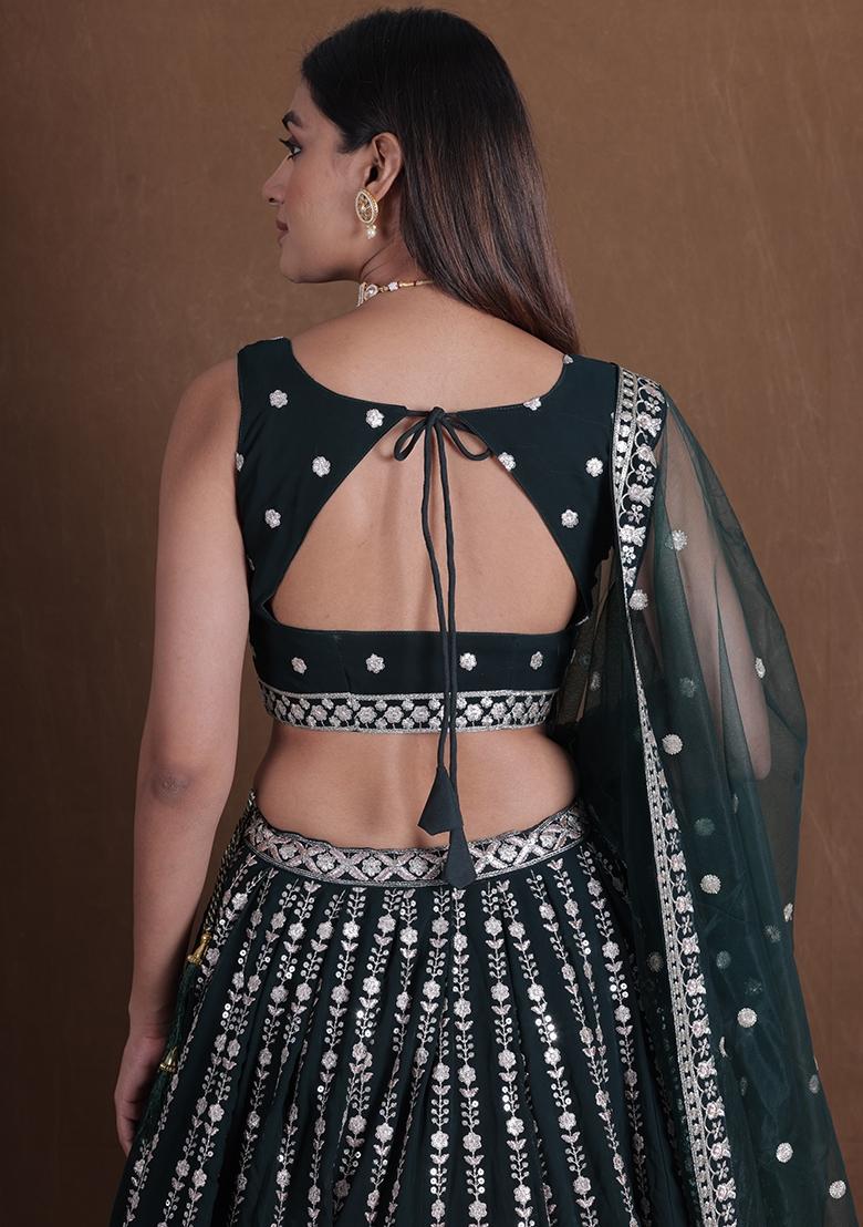 Green Embroidered Georgette Lehenga Set - Indya