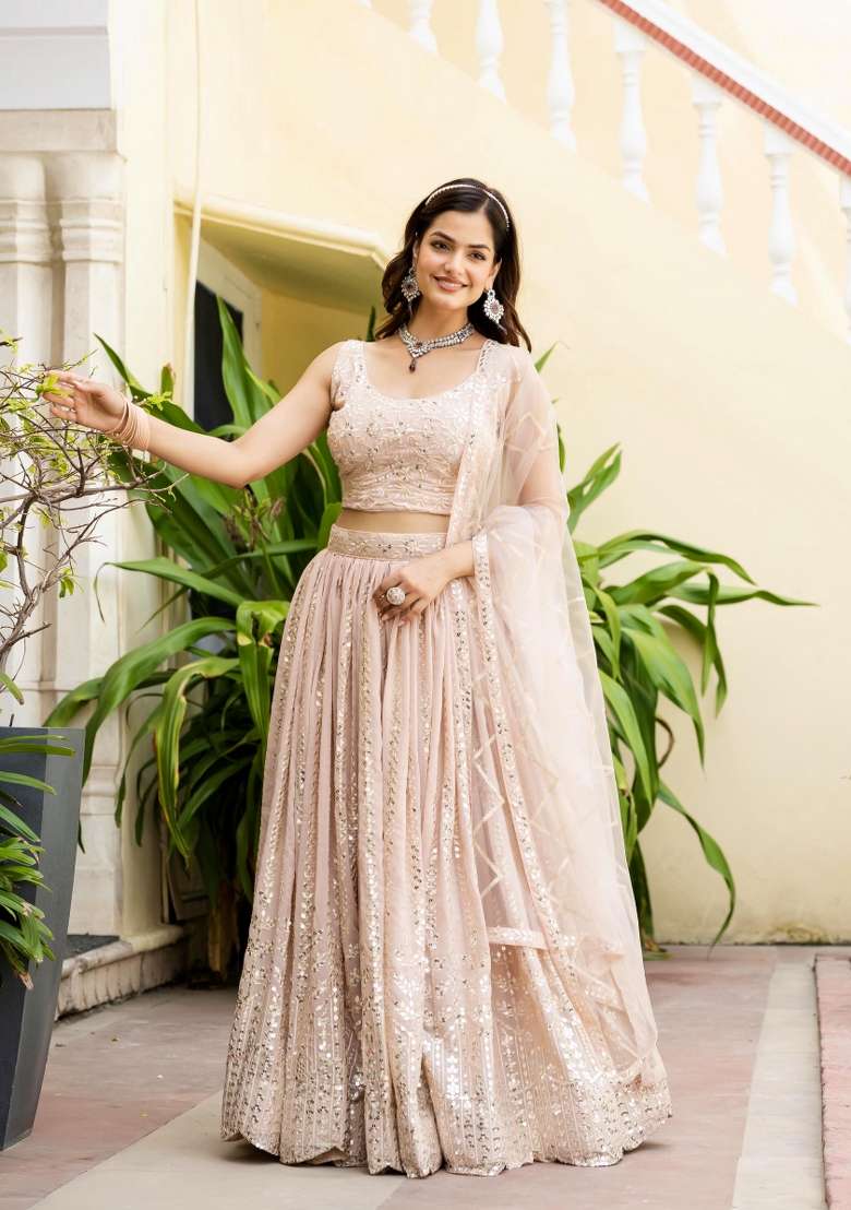 Peach Georgette Lehenga Set with Embroidered for Diwali | Wedding & Festive Wear - Indya