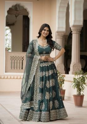 Green Embroidered Crepe Lehenga Set
