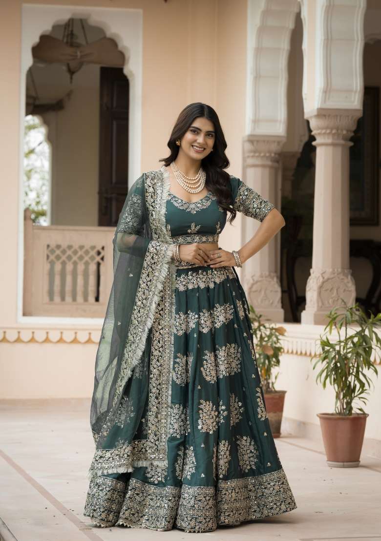 Green Embroidered Crepe Lehenga Set for Diwali and Festive Wear - Indya