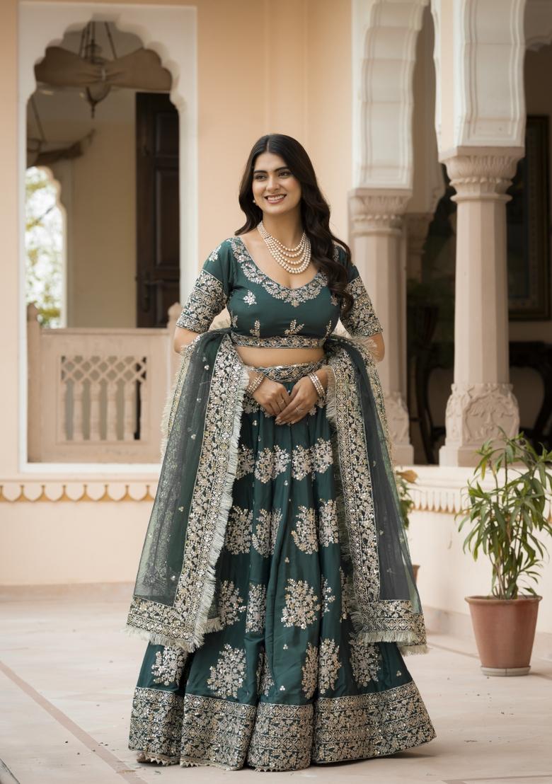 Green Embroidered Crepe Lehenga Set - Indya