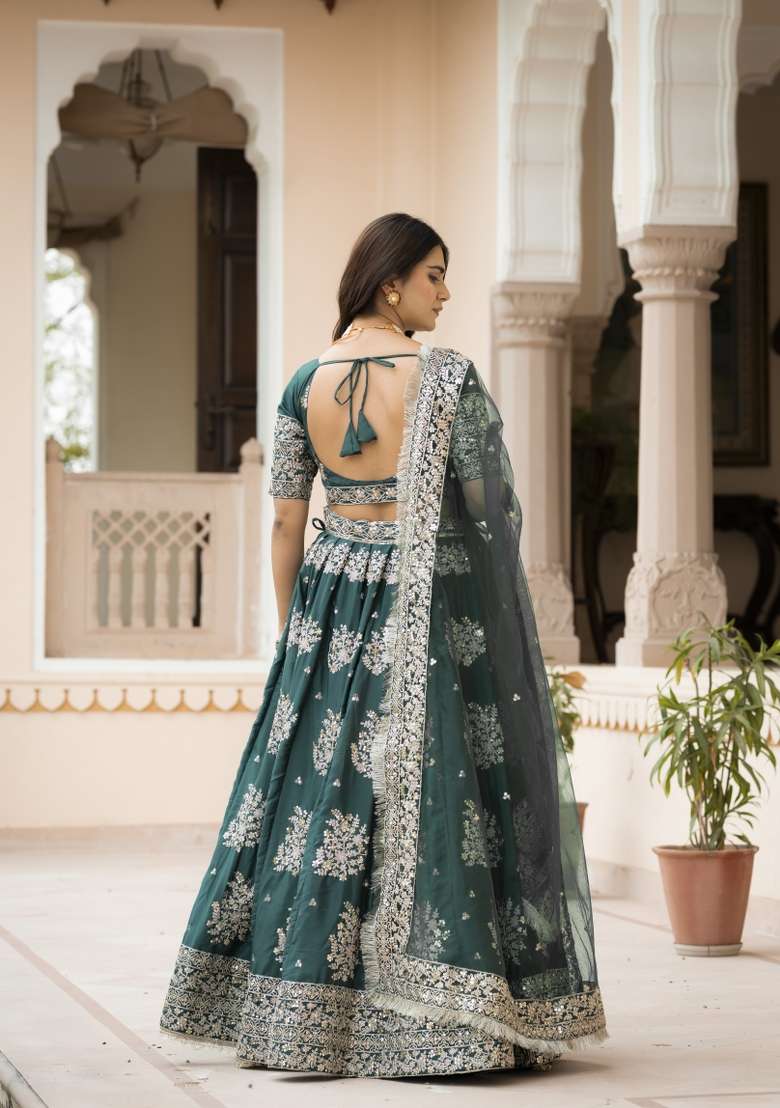 Green Embroidered Crepe Lehenga Set for Diwali and Festive Wear - Indya