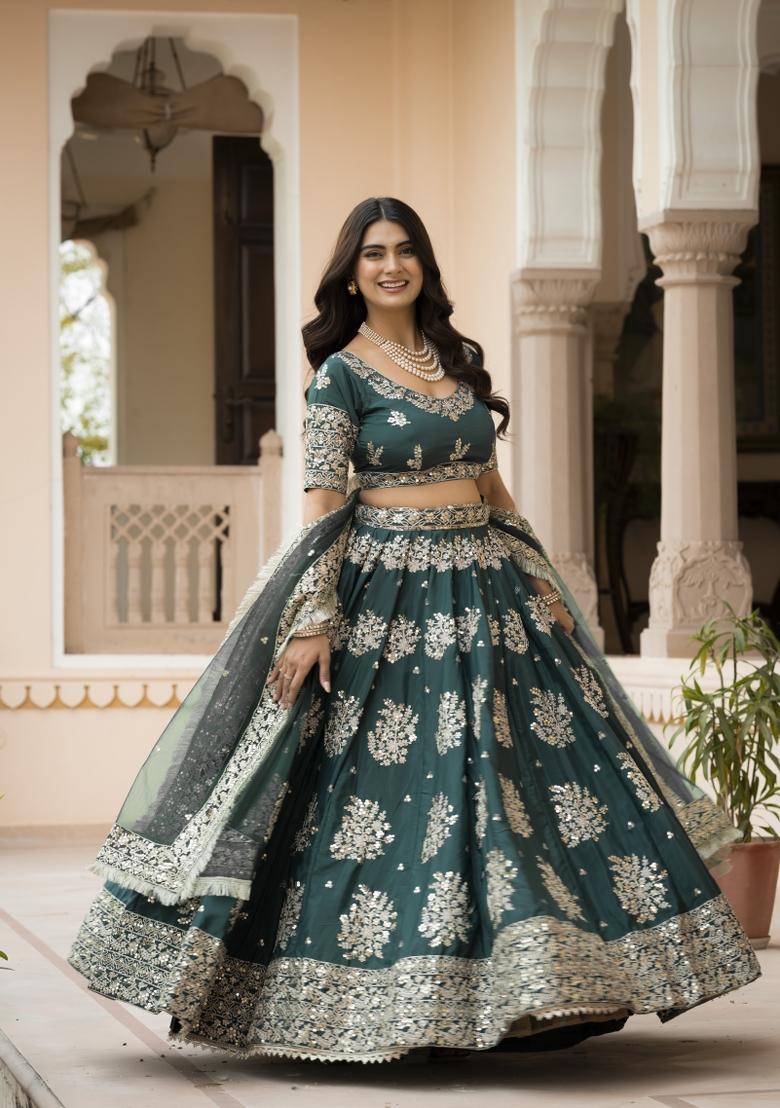 Green Embroidered Crepe Lehenga Set - Indya