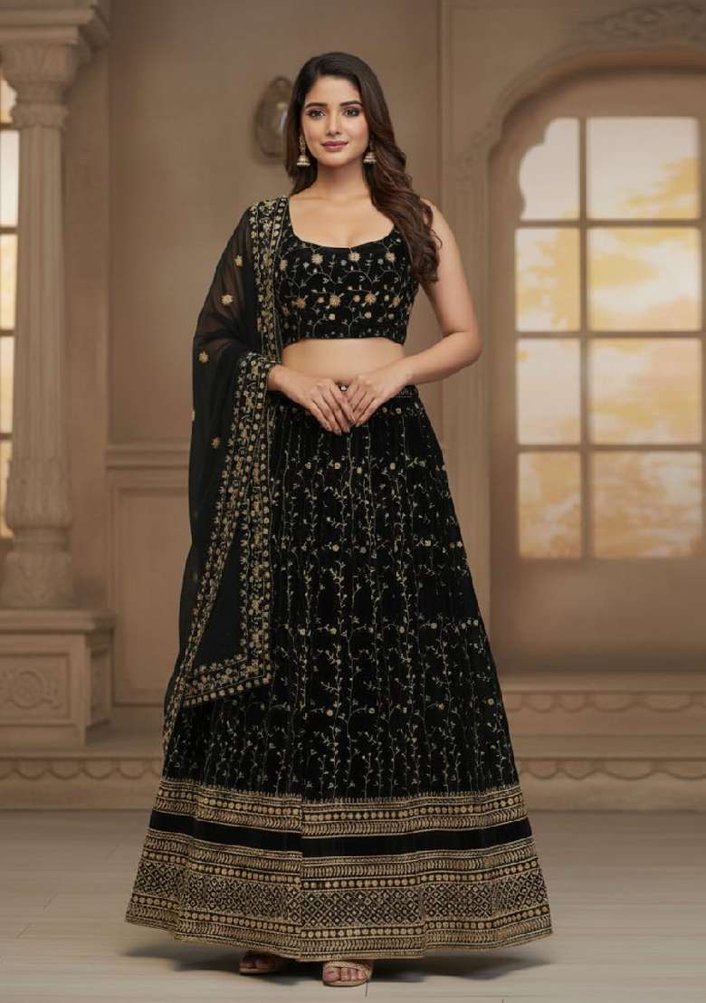 Black Georgette Lehenga Set with Embroidered for Diwali | Wedding & Festive Wear - Indya