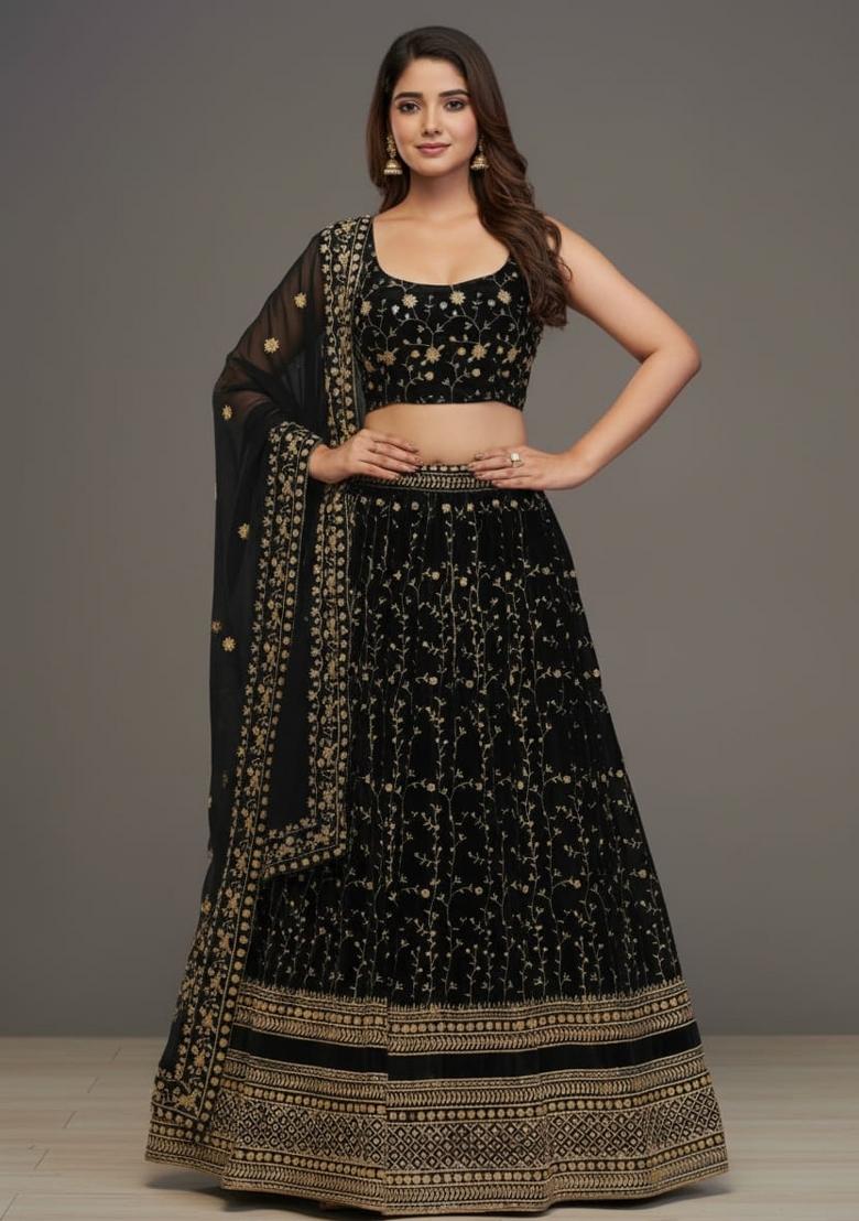 Black Embroidered Georgette Lehenga Set - Indya