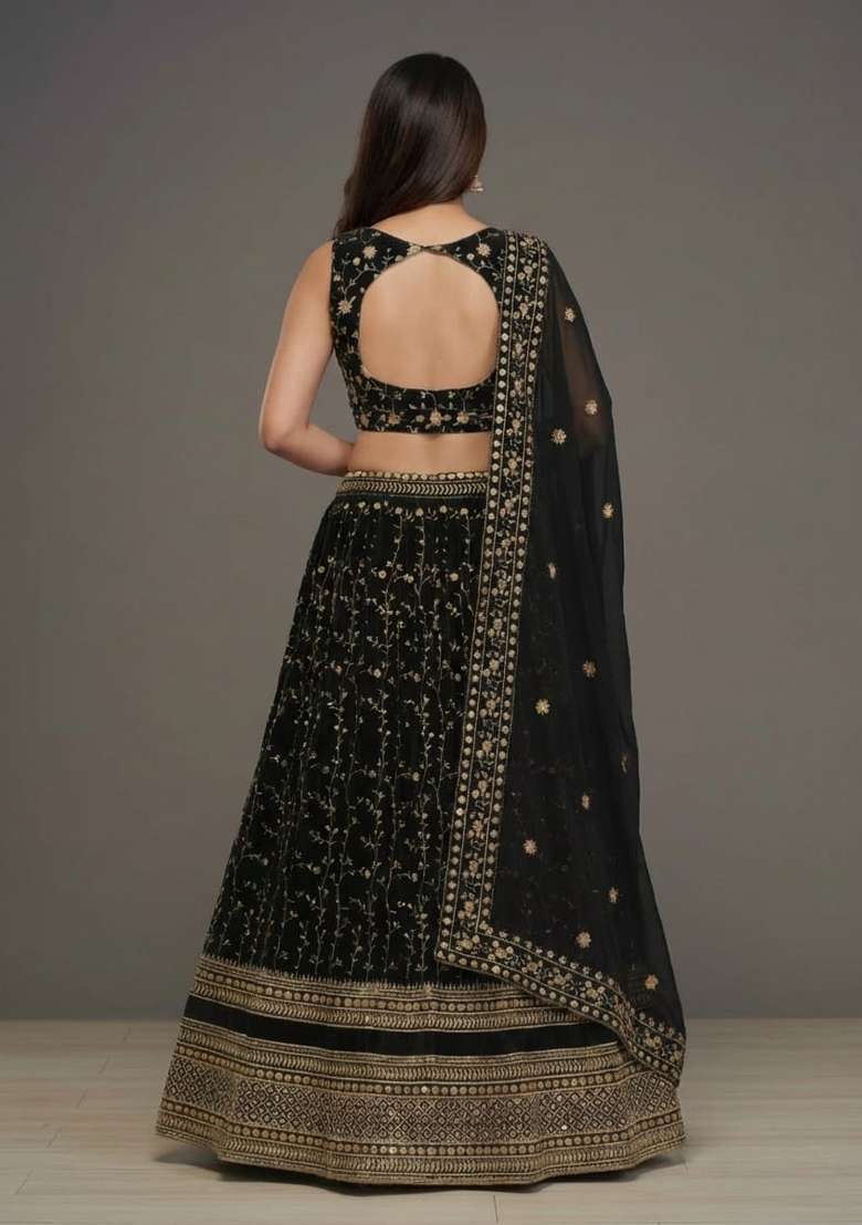 Black Georgette Lehenga Set with Embroidered for Diwali | Wedding & Festive Wear - Indya