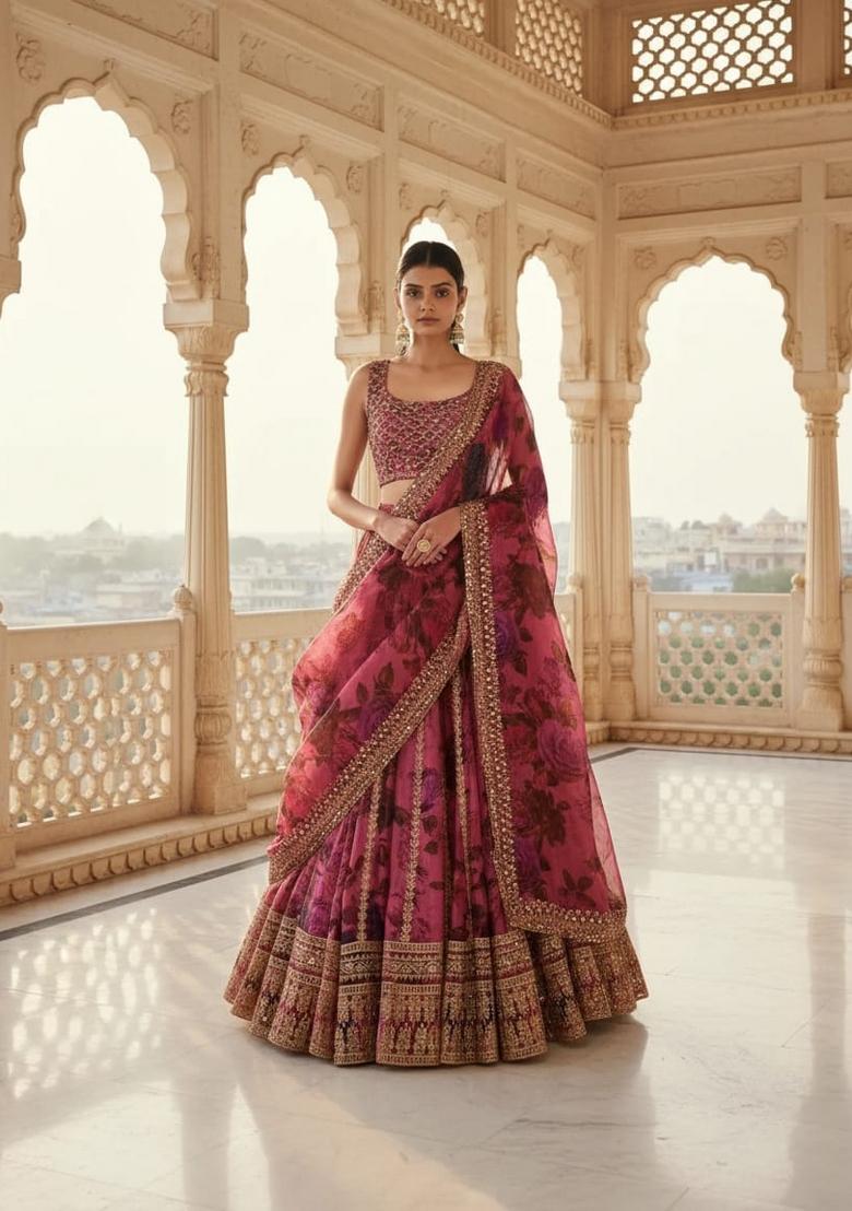 Pink Embroidered Organza Lehenga Set - Indya