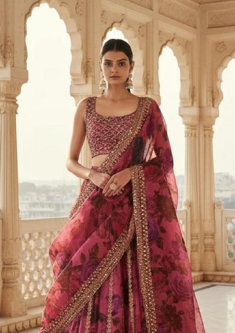 Pink Embroidered Organza Lehenga Set - Indya