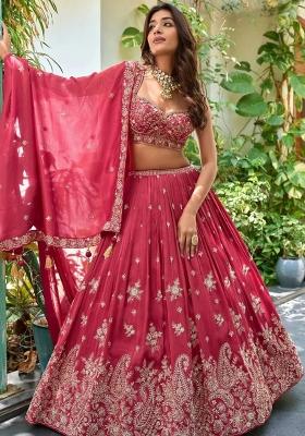 Pink Embroidered Chinon Lehenga Set