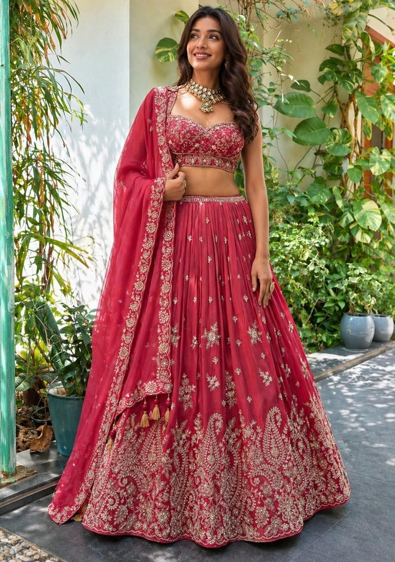 Pink Embroidered Chinon Lehenga Set - Indya