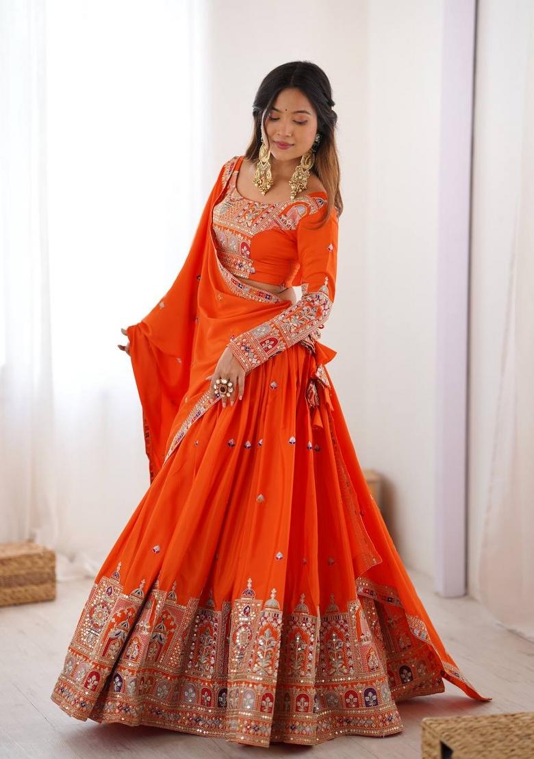 Orange Embroidered Crepe Lehenga Set - Indya