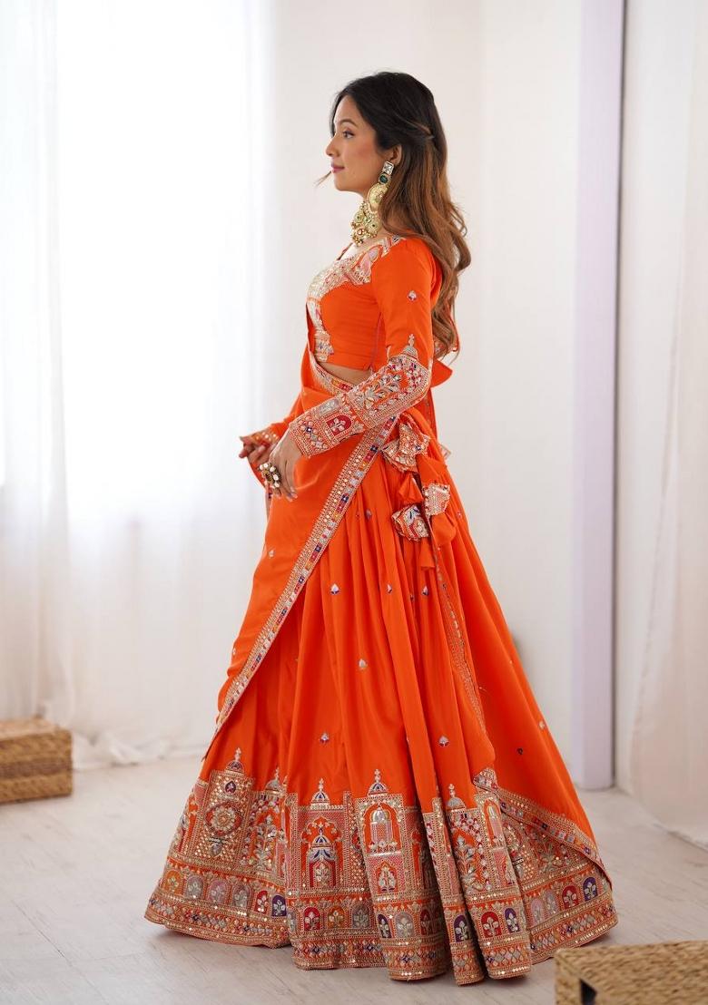 Orange Embroidered Crepe Lehenga Set - Indya