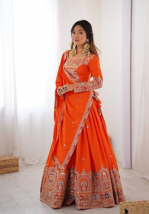 Orange Embroidered Crepe Lehenga Set