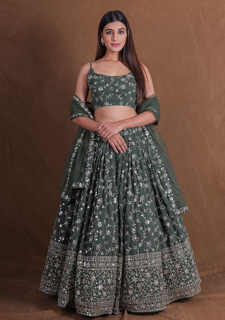 Green Georgette Lehenga Set with Embroidered for Diwali | Wedding & Festive Wear - Indya