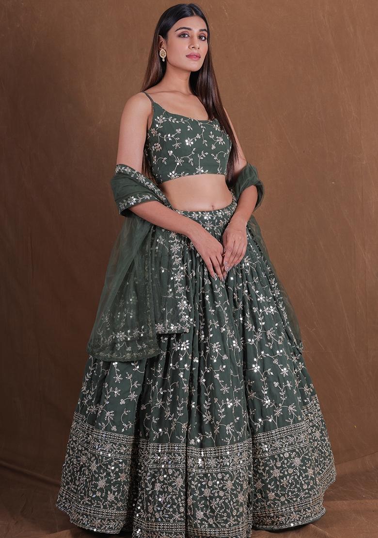 Green Embroidered Georgette Lehenga Set - Indya