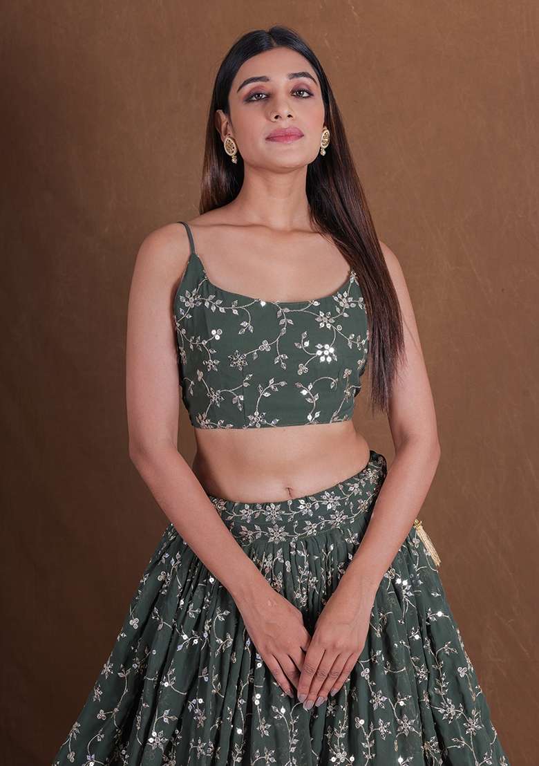 Green Georgette Lehenga Set with Embroidered for Diwali | Wedding & Festive Wear - Indya