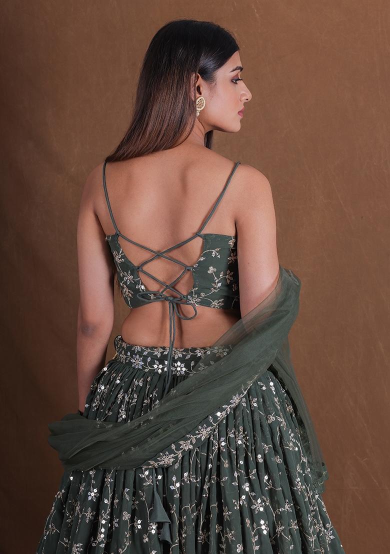Green Embroidered Georgette Lehenga Set - Indya