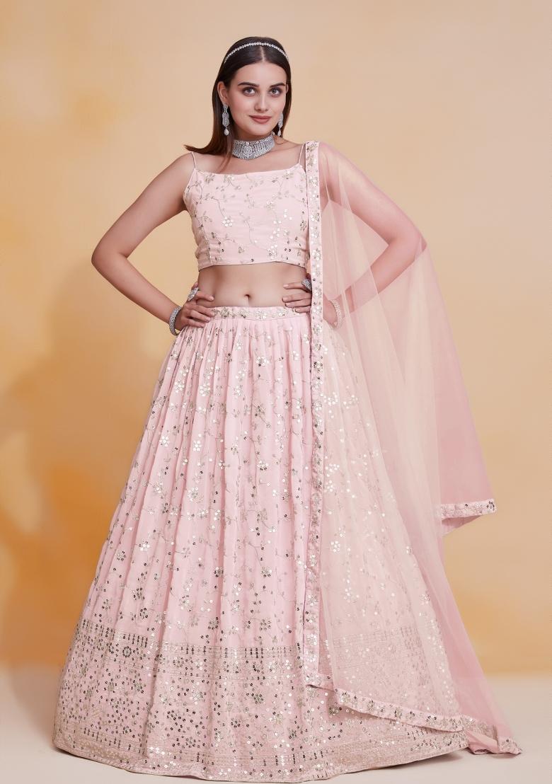 Peach Embroidered Georgette Lehenga Set - Indya
