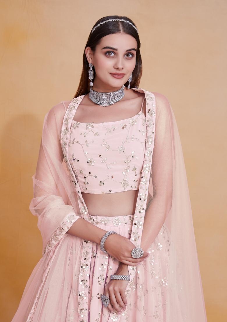 Peach Embroidered Georgette Lehenga Set - Indya