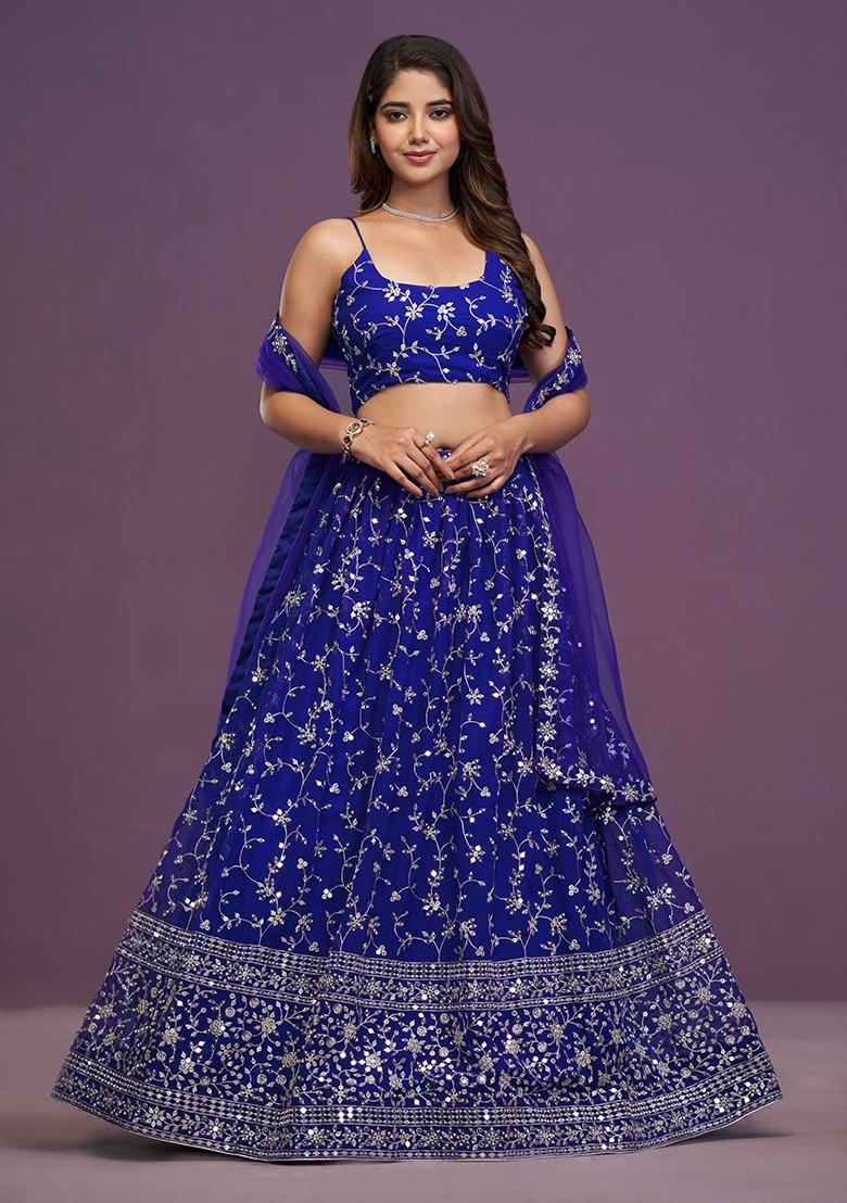 Royal Blue Embroidered Georgette Lehenga Set - Indya