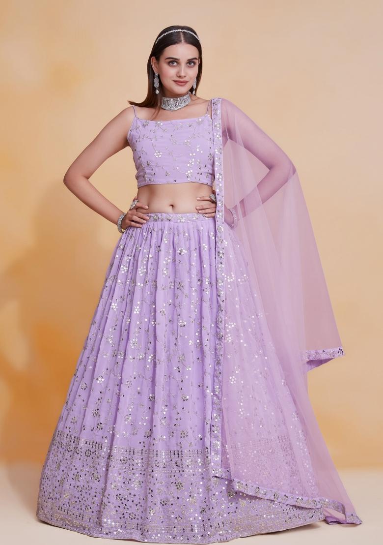 Lavender Embroidered Georgette Lehenga Set - Indya