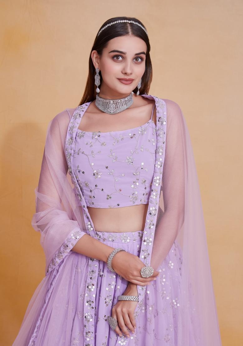 Lavender Embroidered Georgette Lehenga Set - Indya