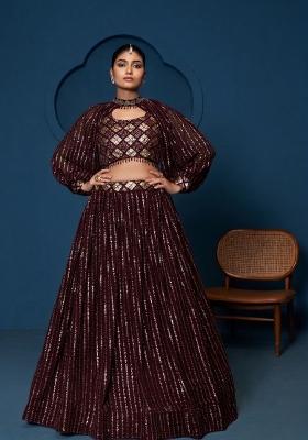 Wine Embroidered Georgette Lehenga Set