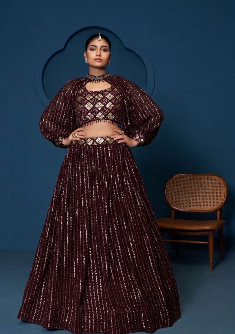Wine Georgette Lehenga Set with Embroidered for Diwali | Wedding & Festive Wear - Indya