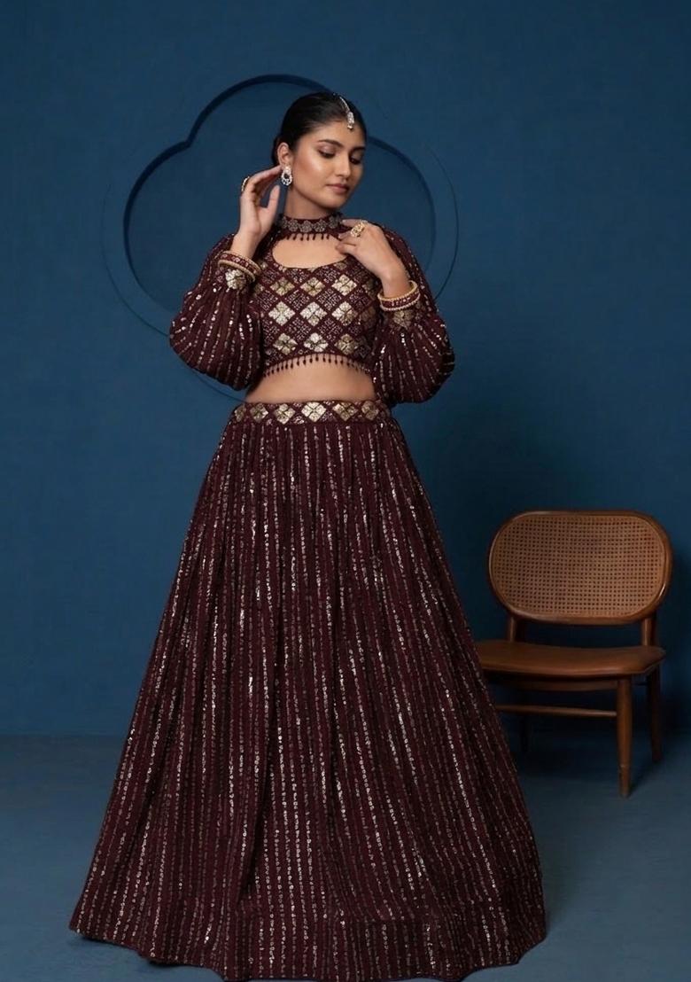 Wine Embroidered Georgette Lehenga Set - Indya